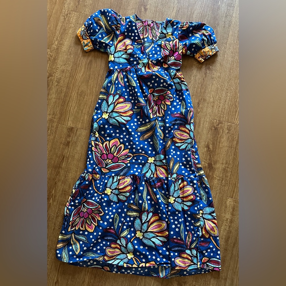 Floral Blue Maxi Dress with Puff Sleeves